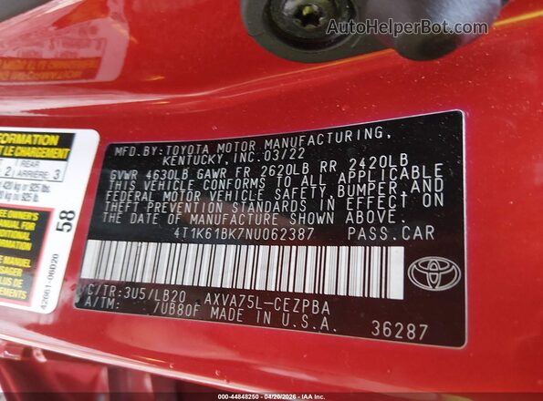 4T1K61BK7NU062387 2022 TOYOTA CAMRY Red 