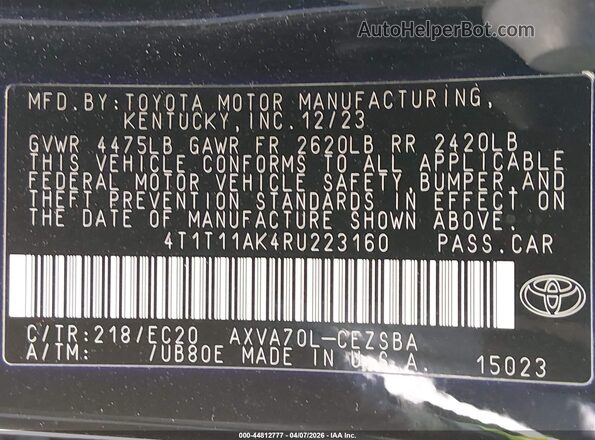 4T1T11AK4RU223160 2024 TOYOTA CAMRY Black ძრავის განყოფილების ხედი