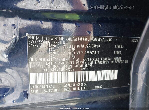 4T3D6RFV1NU072254 2022 TOYOTA LIMITED Dark Blue Вид подкапотного пространства