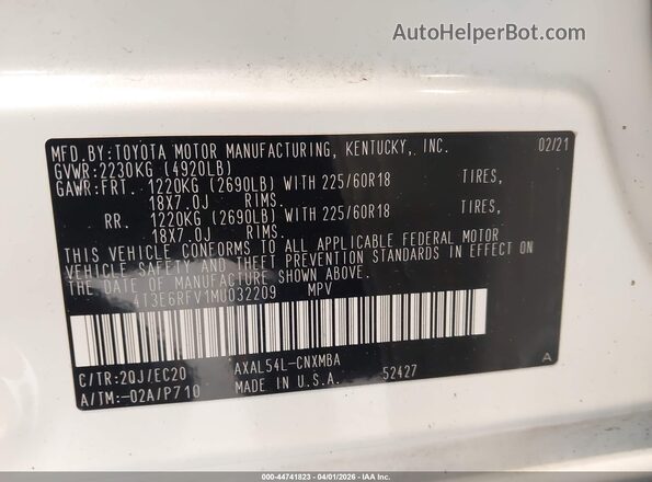 4T3E6RFV1MU032209 2021 TOYOTA RAV4 HYBRID Белый Вид подкапотного пространства