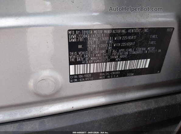 4T3L6RFV4MU016531 2021 TOYOTA LE Orange Շարժիչի բաժամունքի տեսք