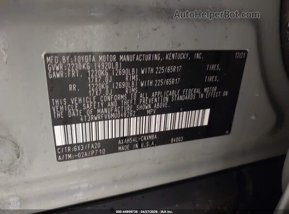4T3RWRFV6MU048262 2021 TOYOTA LE Серый Вид подкапотного пространства