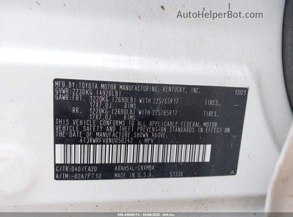 4T3RWRFV8NU050242 2022 TOYOTA LE White 