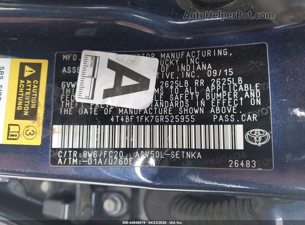 4T4BF1FK7GR525955 2016 TOYOTA LE Синий Вид подкапотного пространства