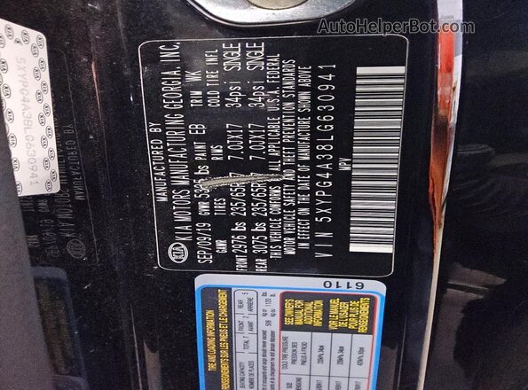 5XYPG4A38LG630941 2020 KIA SORENTO Black 