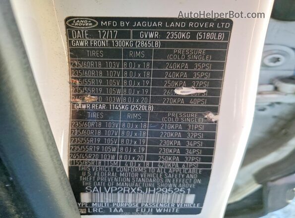 SALVP2RX5JH295251 2018 LAND ROVER RANGE ROVER White 