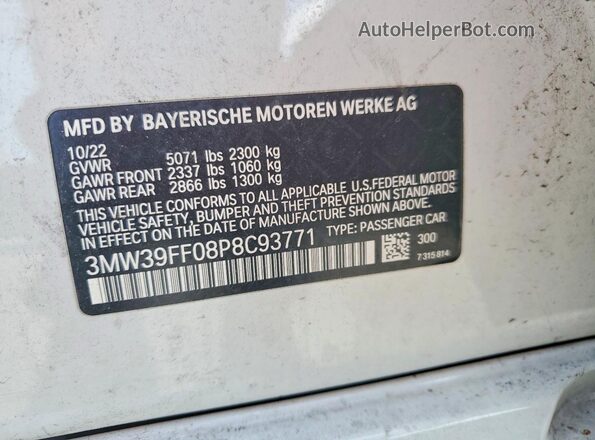 3MW39FF08P8C93771 2023 BMW 3 SERIES White Widok naklejki z numerem VIN
