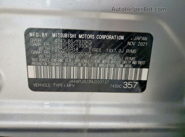 JA4APUAU3NU003137 2022 MITSUBISHI OUTLANDER Silver 