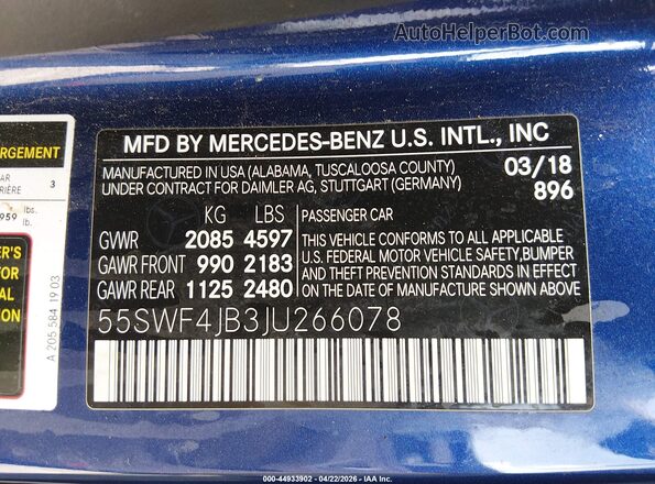 55SWF4JB3JU266078 2018 MERCEDES-BENZ C-CLASS Blue Engine compartment view