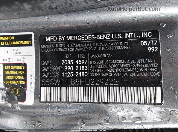 55SWF4JB5HU229222 2017 MERCEDES-BENZ C-CLASS Gray ძრავის განყოფილების ხედი