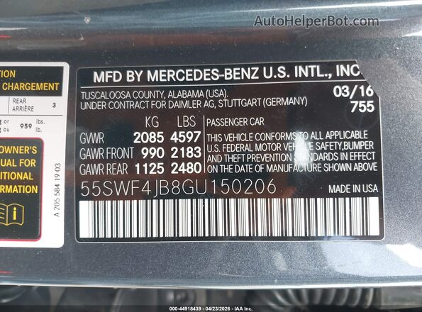 55SWF4JB8GU150206 2016 MERCEDES-BENZ C-CLASS Gray 