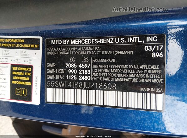 55SWF4JB8JU218608 2018 MERCEDES-BENZ C-CLASS Blue Engine compartment view
