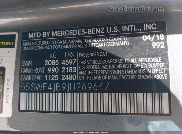 55SWF4JB9JU269647 2018 MERCEDES-BENZ C-CLASS Gray ძრავის განყოფილების ხედი