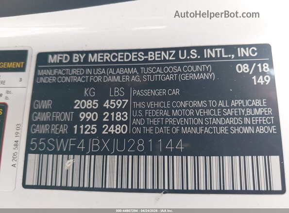 55SWF4JBXJU281144 2018 MERCEDES-BENZ C-CLASS White Engine compartment view