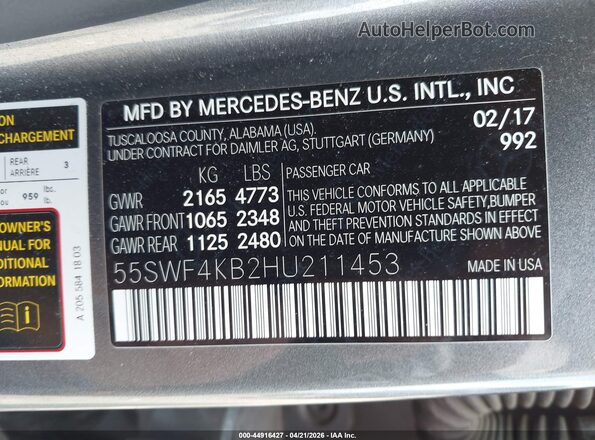55SWF4KB2HU211453 2017 MERCEDES-BENZ C-CLASS Gray Вид підкапотного простору