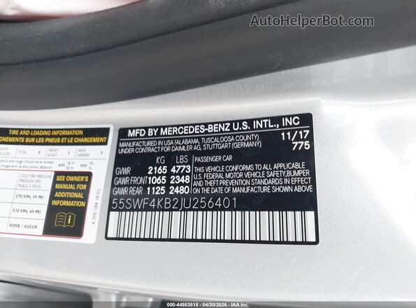 55SWF4KB2JU256401 2018 MERCEDES-BENZ C-CLASS Серебряный Вид подкапотного пространства