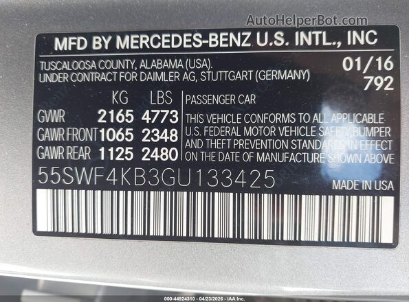 55SWF4KB3GU133425 2016 MERCEDES-BENZ C-CLASS Gray 