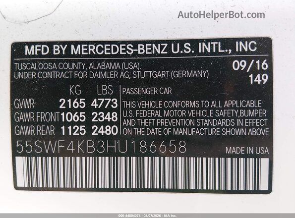 55SWF4KB3HU186658 2017 MERCEDES-BENZ C-CLASS White ძრავის განყოფილების ხედი