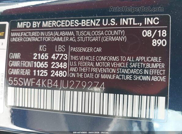 55SWF4KB4JU279274 2018 MERCEDES-BENZ C-CLASS Dark Blue Вид підкапотного простору