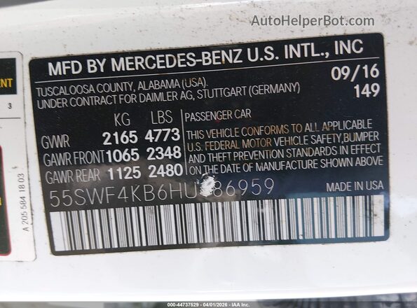 55SWF4KB6HU186959 2017 MERCEDES-BENZ C-CLASS White Engine compartment view