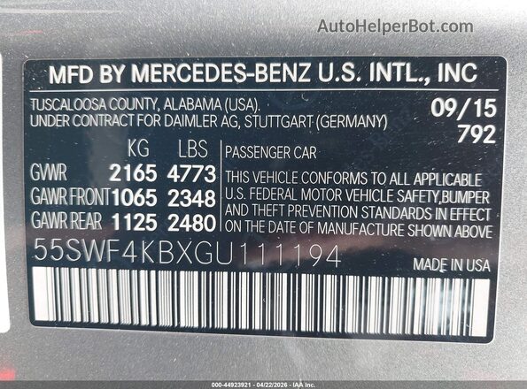 55SWF4KBXGU111194 2016 MERCEDES-BENZ C-CLASS Gray Շարժիչի բաժամունքի տեսք