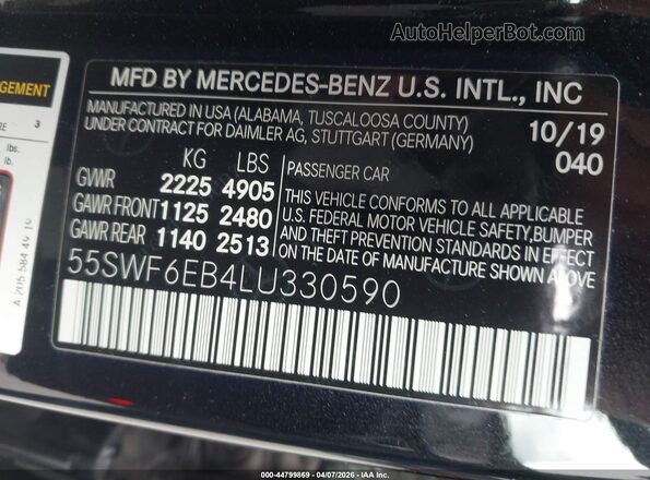 55SWF6EB4LU330590 2020 MERCEDES-BENZ AMG C 43 Black ძრავის განყოფილების ხედი