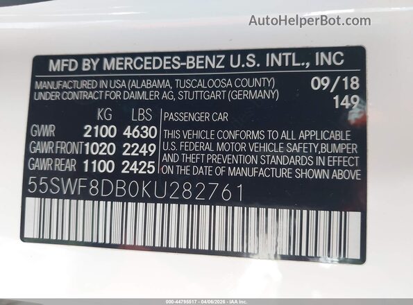 55SWF8DB0KU282761 2019 MERCEDES-BENZ C-CLASS White 
