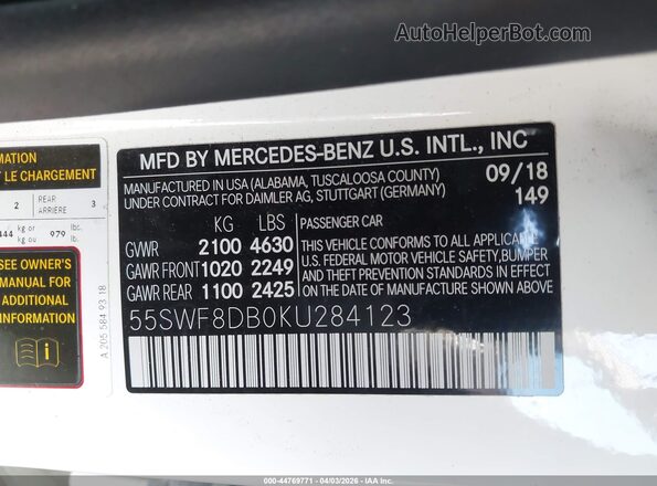 55SWF8DB0KU284123 2019 MERCEDES-BENZ C-CLASS White ძრავის განყოფილების ხედი