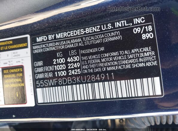 55SWF8DB3KU284911 2019 MERCEDES-BENZ C-CLASS Blue ძრავის განყოფილების ხედი