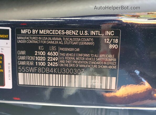 55SWF8DB4KU300307 2019 MERCEDES-BENZ C Blue Շարժիչի բաժամունքի տեսք