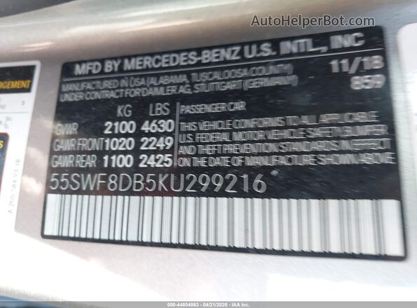 55SWF8DB5KU299216 2019 MERCEDES-BENZ C-CLASS Gray Շարժիչի բաժամունքի տեսք