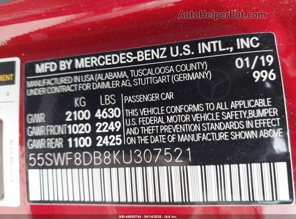 55SWF8DB8KU307521 2019 MERCEDES-BENZ C-CLASS Burgundy Շարժիչի բաժամունքի տեսք