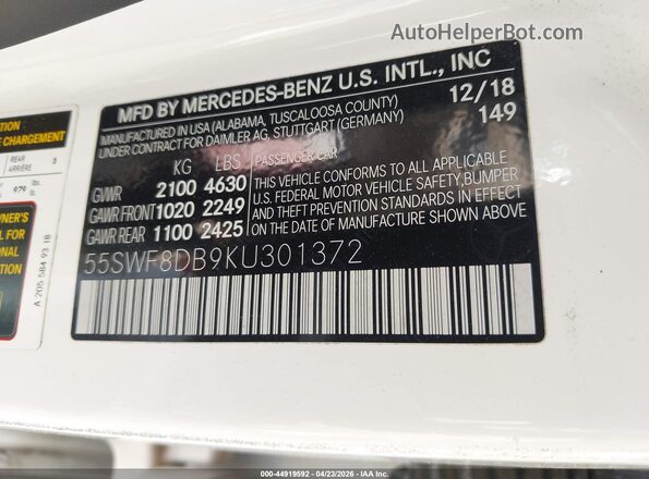 55SWF8DB9KU301372 2019 MERCEDES-BENZ C-CLASS Белый Вид подкапотного пространства