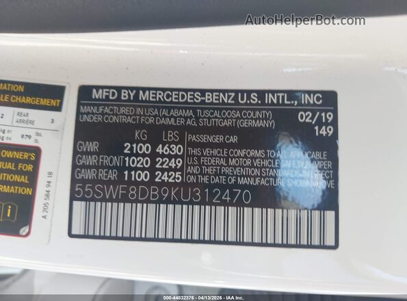 55SWF8DB9KU312470 2019 MERCEDES-BENZ C-CLASS White Vista del compartimento del motor