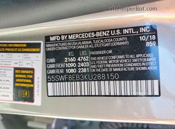 55SWF8EB3KU288150 2019 MERCEDES-BENZ C Silver 