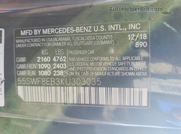 55SWF8EB3KU303035 2019 MERCEDES-BENZ C Синий 