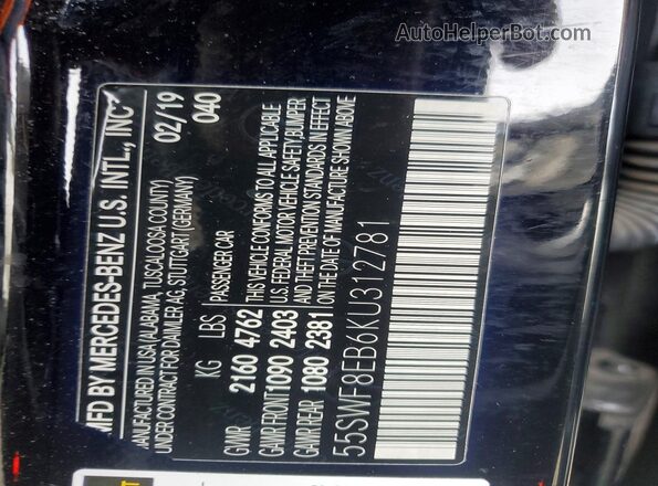 55SWF8EB6KU312781 2019 MERCEDES-BENZ C Black Widok naklejki z numerem VIN