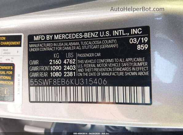 55SWF8EB6KU315406 2019 MERCEDES-BENZ C-CLASS Gray Engine compartment view