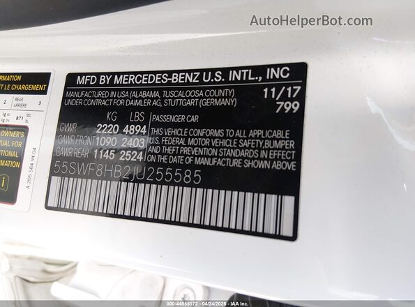 55SWF8HB2JU255585 2018 MERCEDES-BENZ AMG C 63 White Engine compartment view