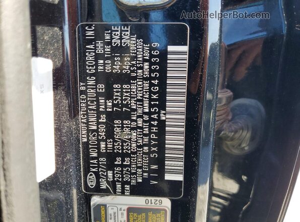 5XYPH4A51KG453369 2019 KIA SORENTO Black 