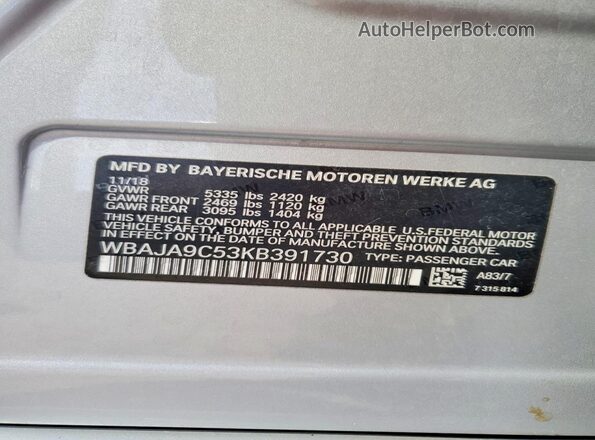 WBAJA9C53KB391730 2019 BMW 5 SERIES Silver VIN კოდის სტიკერის ხედი