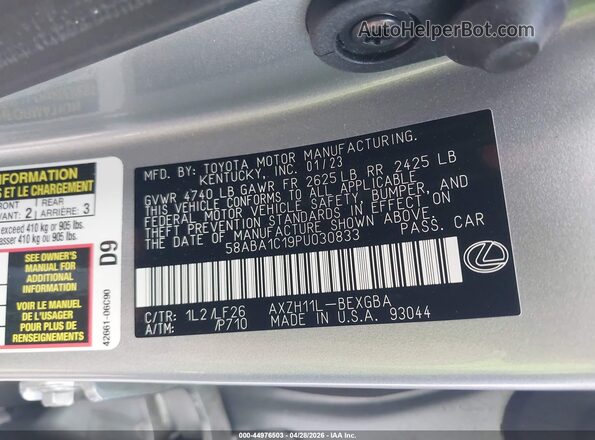58ABA1C19PU030833 2023 LEXUS ES 300H Silver Vista del compartimento del motor