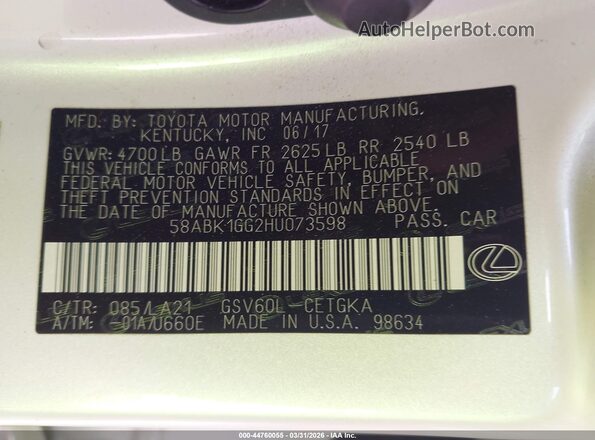 58ABK1GG2HU073598 2017 LEXUS ES 350 White Vista del compartimento del motor
