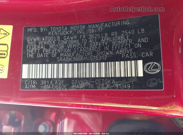 58ABK1GG6HU076312 2017 LEXUS ES 350 Красный Вид подкапотного пространства