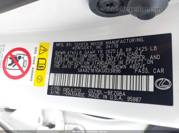 58ABZ1B10KU033896 2019 LEXUS ES 350 White Vista del compartimento del motor