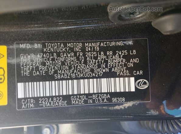 58ABZ1B13KU034217 2019 LEXUS ES White 