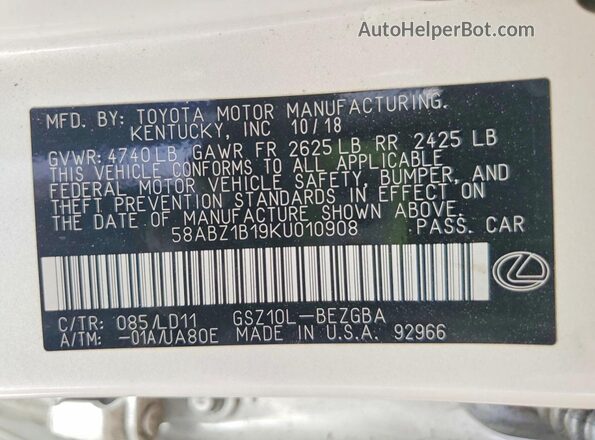58ABZ1B19KU010908 2019 LEXUS ES White Engine compartment view