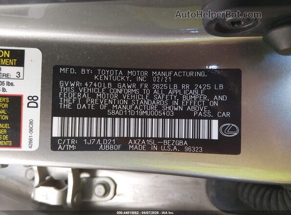 58AD11D19MU005403 2021 LEXUS ES 250 Gray Engine compartment view