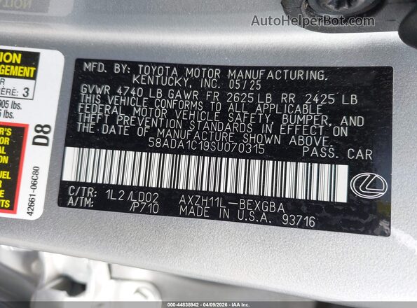 58ADA1C19SU070315 2025 LEXUS ES 300H Silver Vista del compartimento del motor