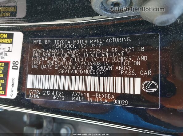 58ADA1C1XMU005671 2021 LEXUS ES 300H Black 